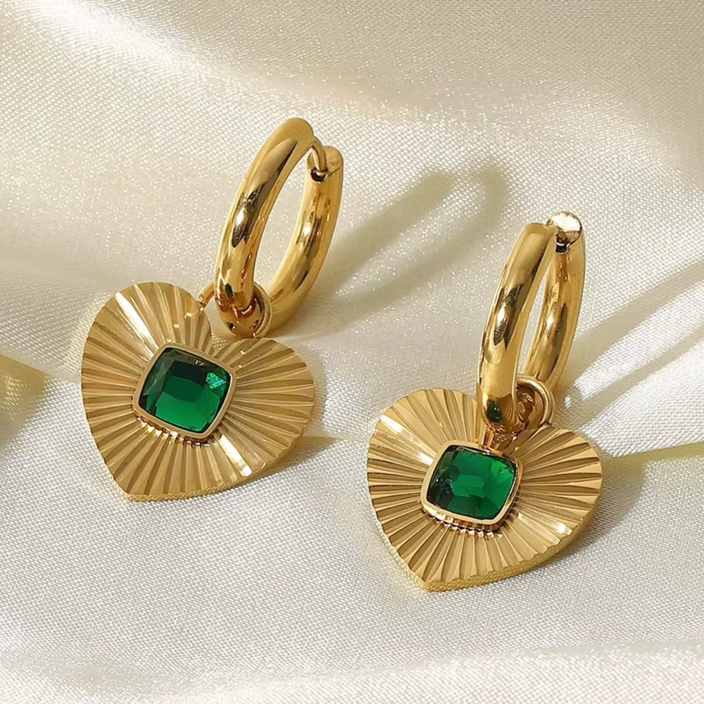 Stainless Steel Gold Heart Hoop Earrings with Green Gemstone